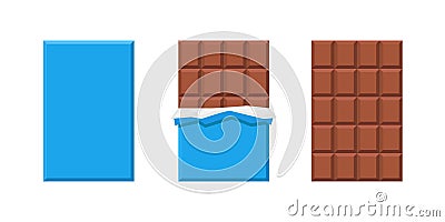 Milk chocolate bar. Two chocolates in a blue wrapper. Unwrapped chocolate bar, vector clipart isolated on white background. Vector Illustration